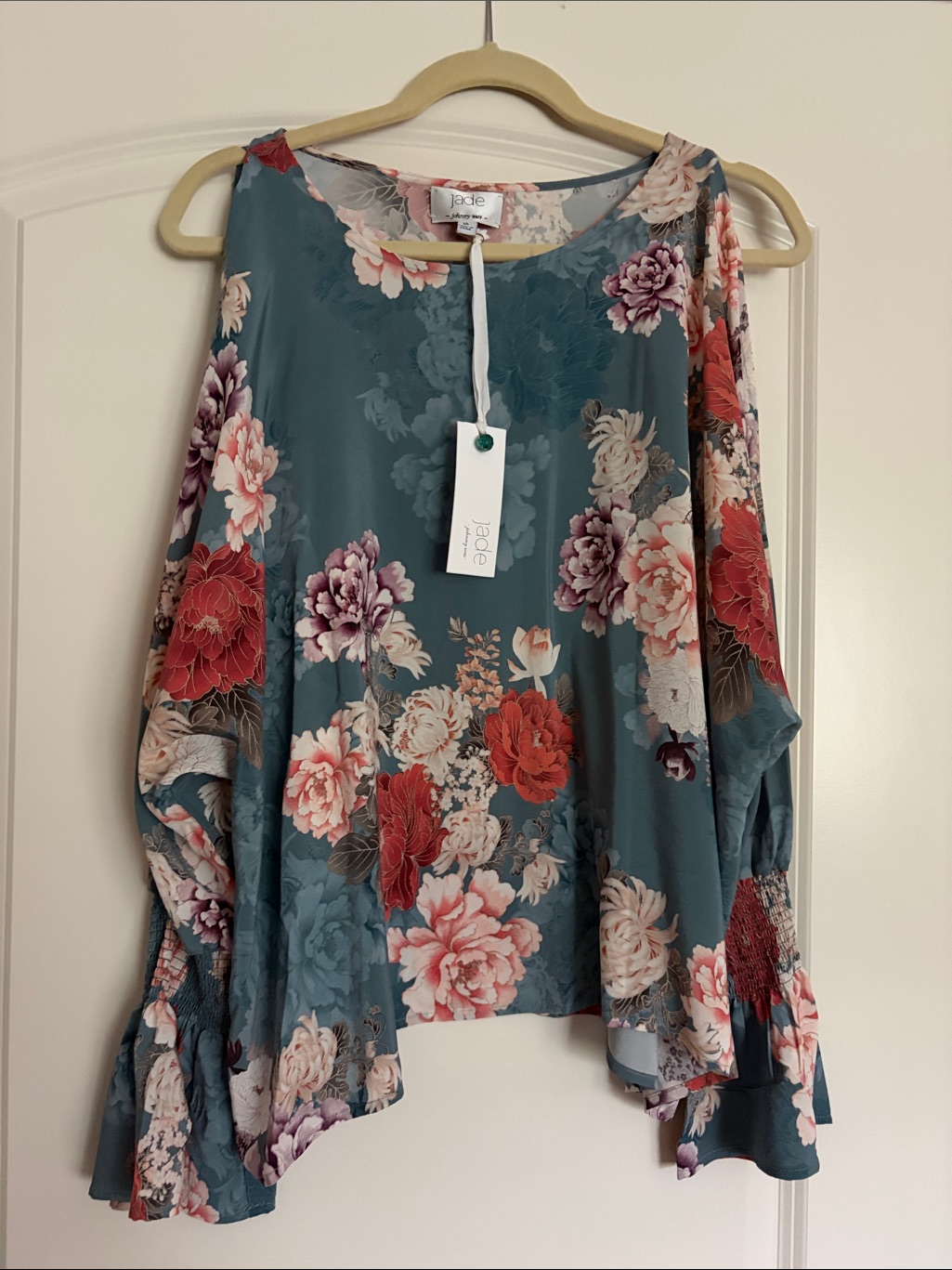 Johnny Was Jade Teal Floral Cut Out Ruffle-Sleeve Blouse